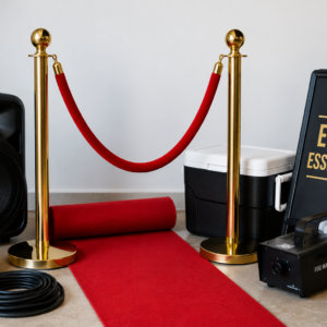 Red carpet, stanchions, speaker, party light, and extension cords arranged for event rental.