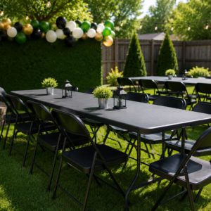Black folding tables and commercial folding chairs arranged for a backyard party.