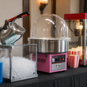 Snow cone, cotton candy, and popcorn machines arranged for a party rental setup.