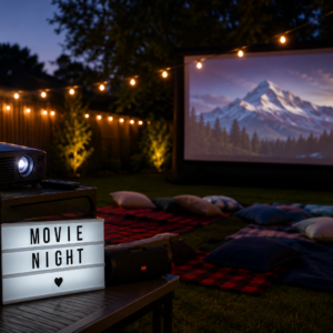 Backyard movie night setup with projector, outdoor screen, blankets, pillows, and popcorn.