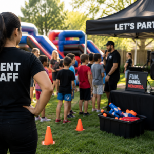 Event staff leading a backyard party with games, music, and activities for children.