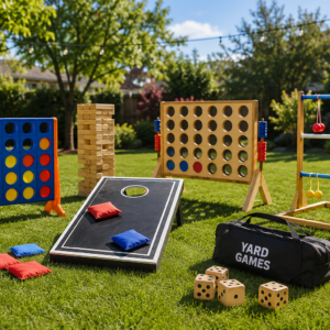 Backyard lawn games including giant four-in-a-row, stacking blocks, cornhole, ladder toss, and wooden dice.