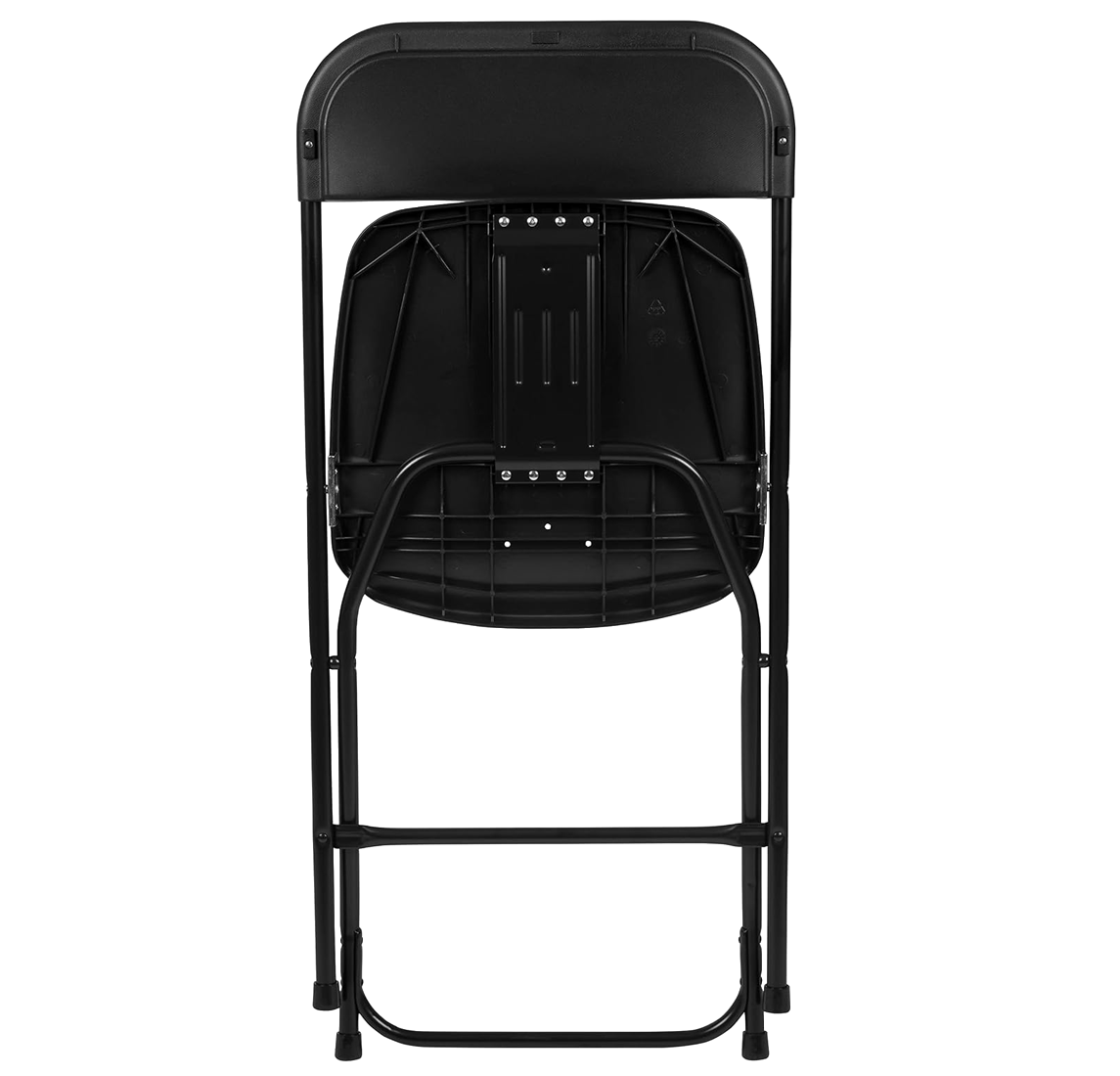Black Commercial Folding Chair – Folded Rear View Folded rear view of a black commercial folding chair showing the steel frame, seat support, and compact storage design.