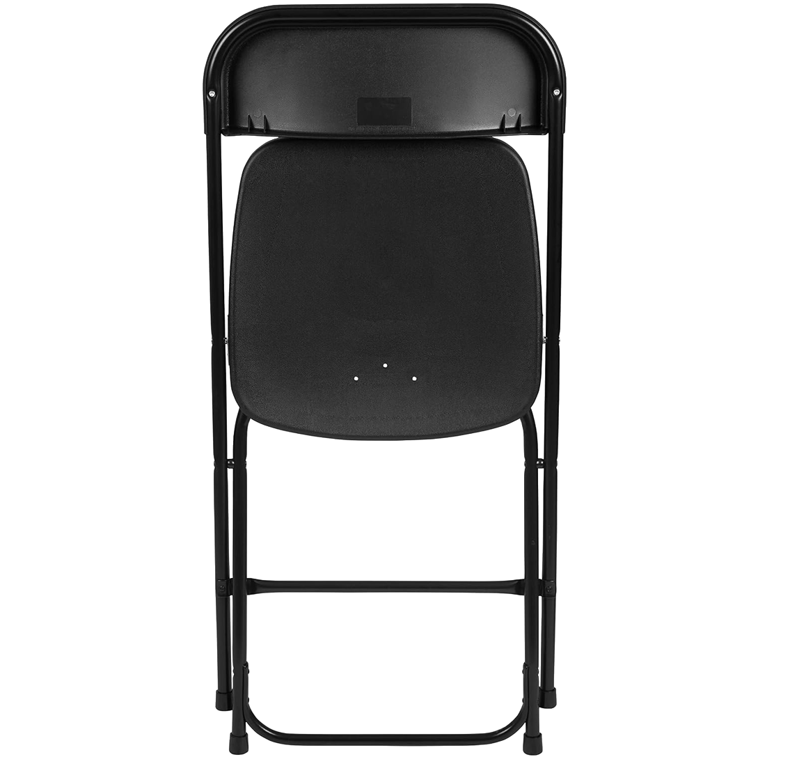 Black Commercial Folding Chair – Rear View Rear view of a black commercial folding chair showing the textured backrest and durable powder-coated steel frame.