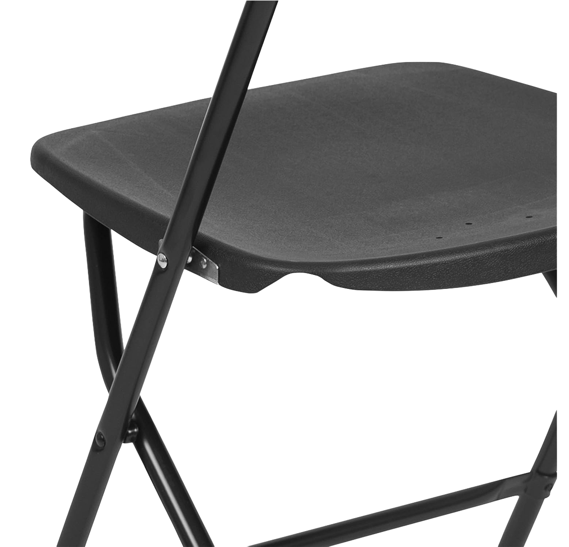 Black Commercial Folding Chair – Textured Seat Close-Up Close-up of the textured seat on a black commercial folding chair with durable plastic construction and powder-coated steel frame.