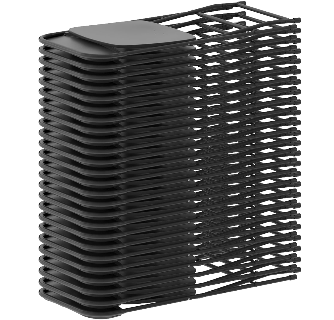 Black Commercial Folding Chairs – Stacked for Storage Stack of black commercial folding chairs nested together for efficient storage and transport.