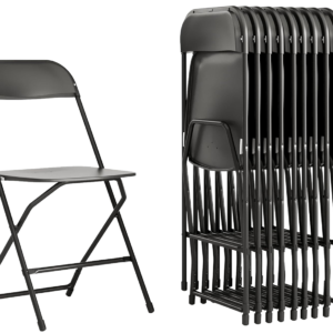 Black commercial folding chair shown open beside a stack of folded chairs for event and party rentals.