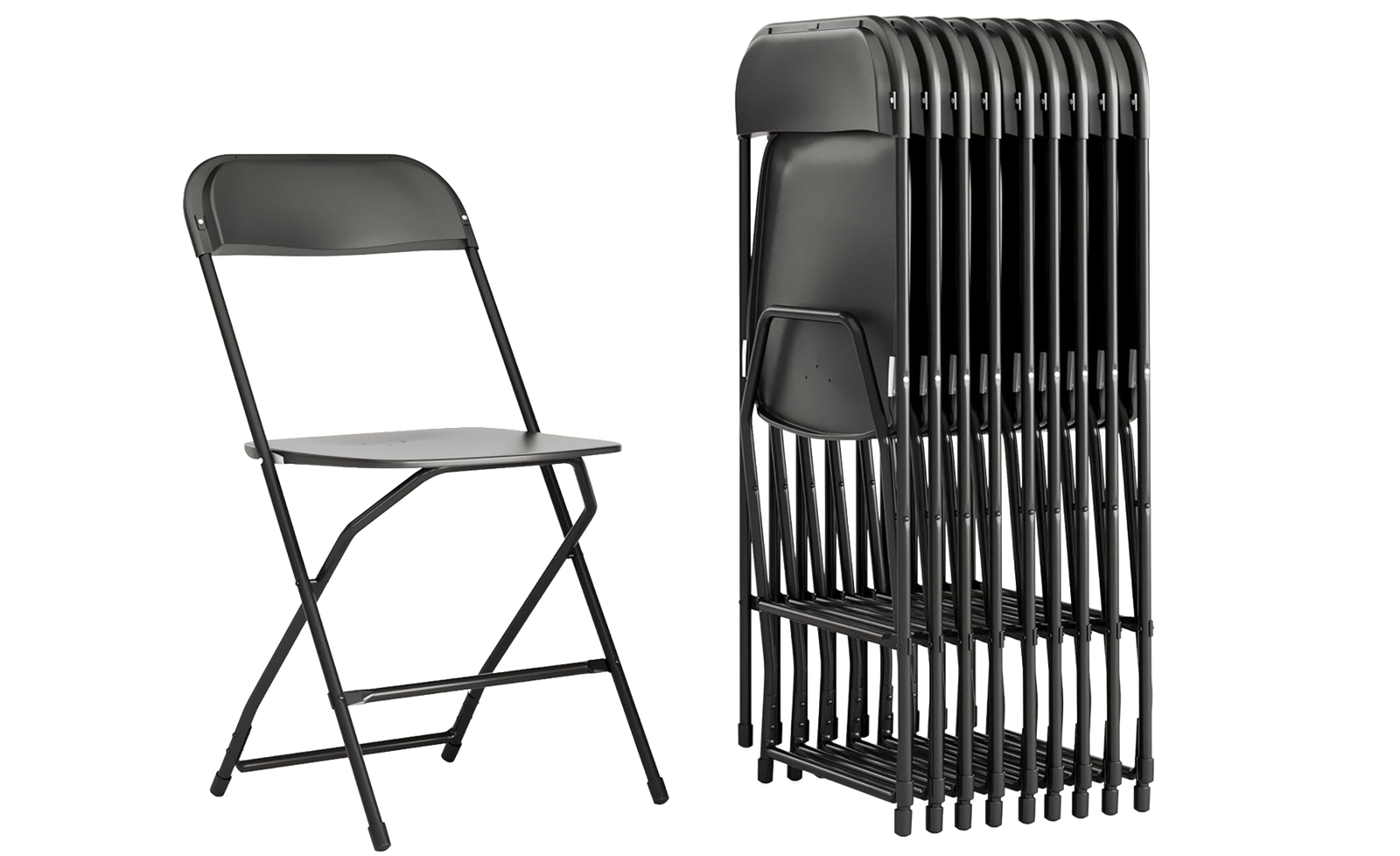 Black Commercial Folding Chair Black commercial folding chair shown open beside a stack of folded chairs for event and party rentals.