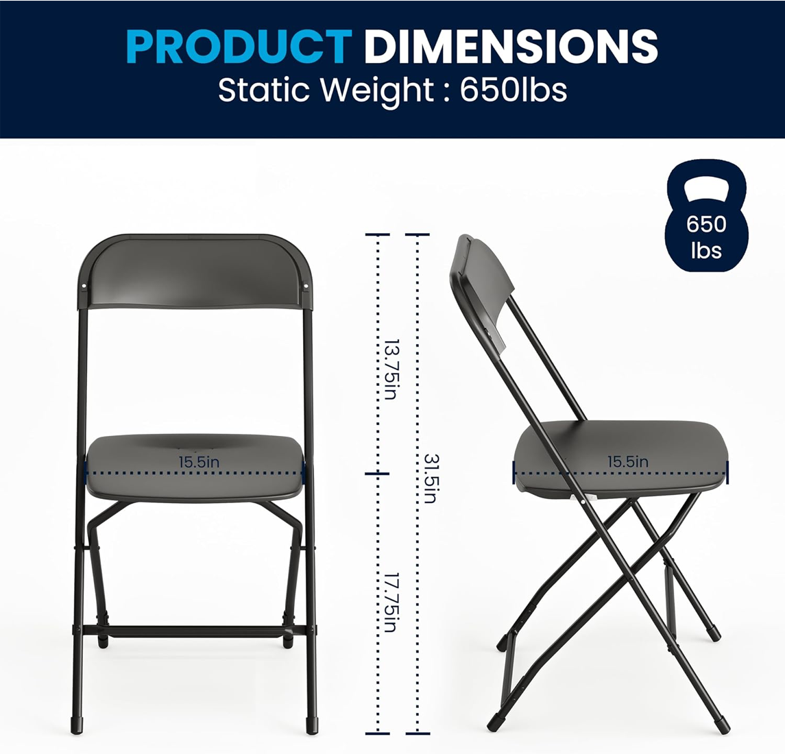 Black Folding Chair Dimensions and Weight Capacity Dimensions of black commercial folding chair showing 15.5-inch seat width, 31.5-inch overall height, and 650-pound static weight capacity.