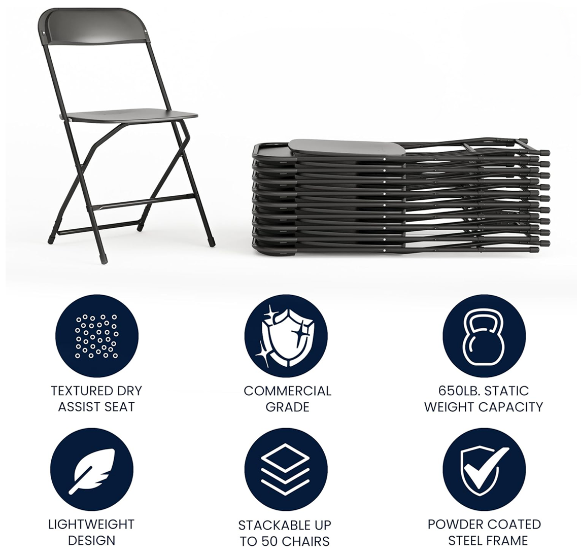 Black Commercial Folding Chair Features Black commercial folding chair showing stackable storage, powder-coated steel frame, lightweight design, and 650 lb static weight capacity.