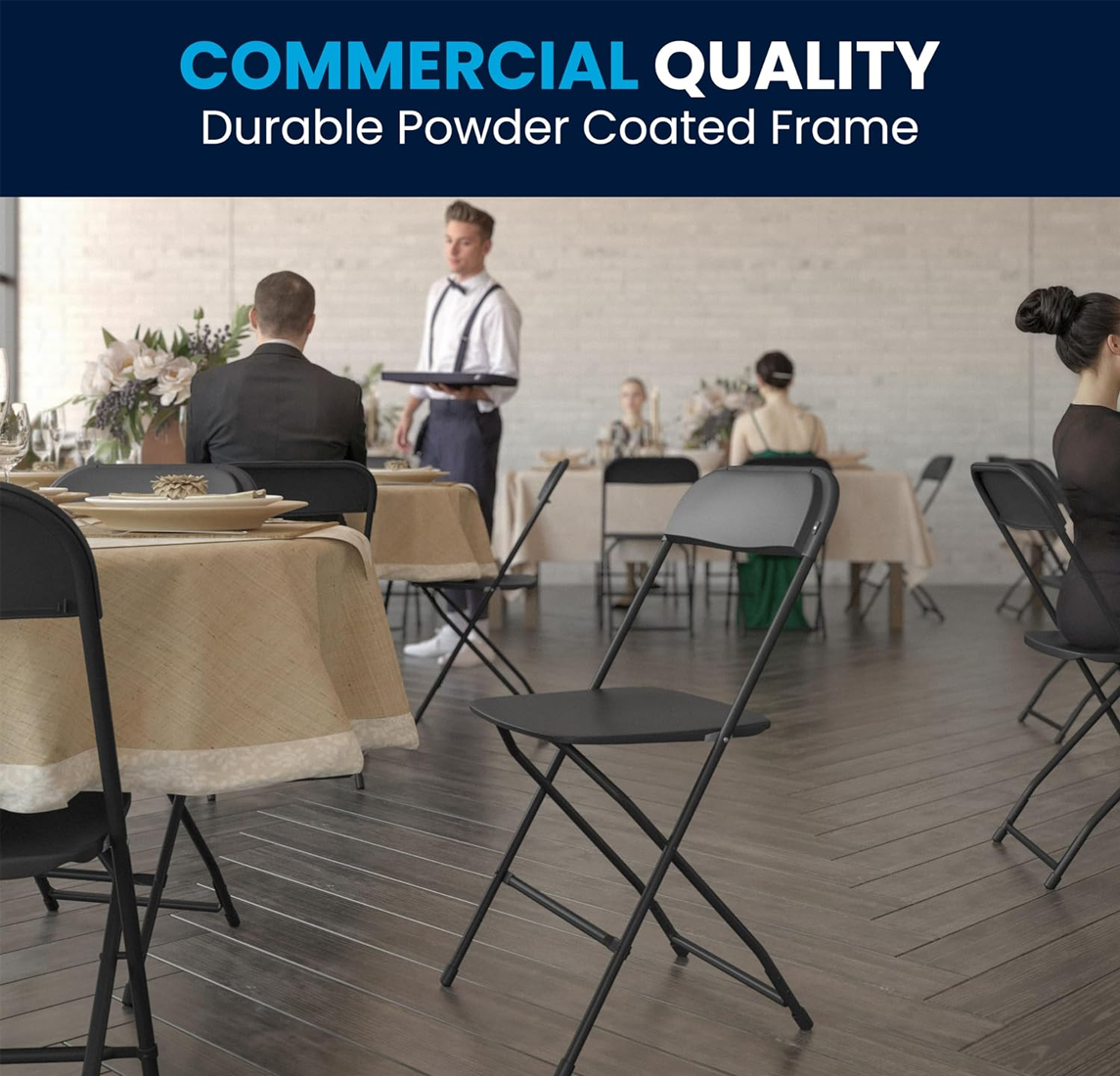 Black Commercial Folding Chairs for Weddings and Events Black commercial folding chairs arranged at a formal indoor wedding reception with banquet tables and guests.