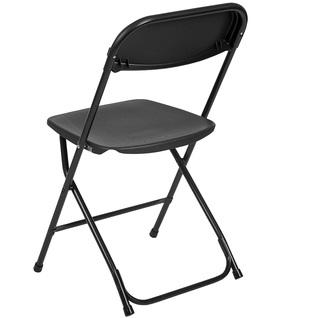 Black Commercial Folding Chair – Rear Angle View Rear angled view of a black commercial folding chair with powder-coated steel frame and textured plastic seat and back.