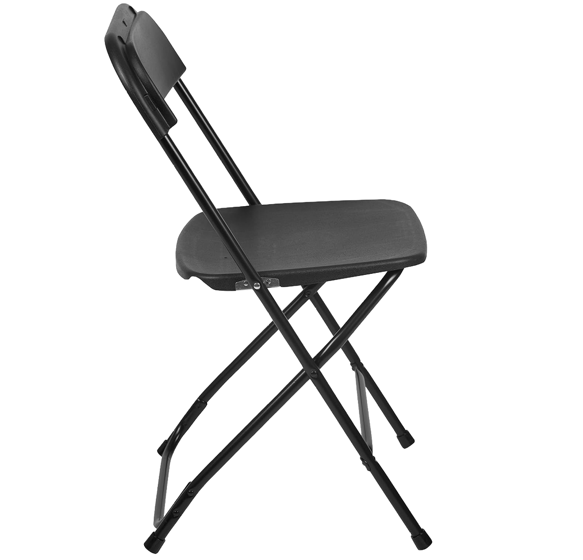 Black Commercial Folding Chair – Side Profile Side profile of a black commercial folding chair with powder-coated steel frame and textured plastic seat.