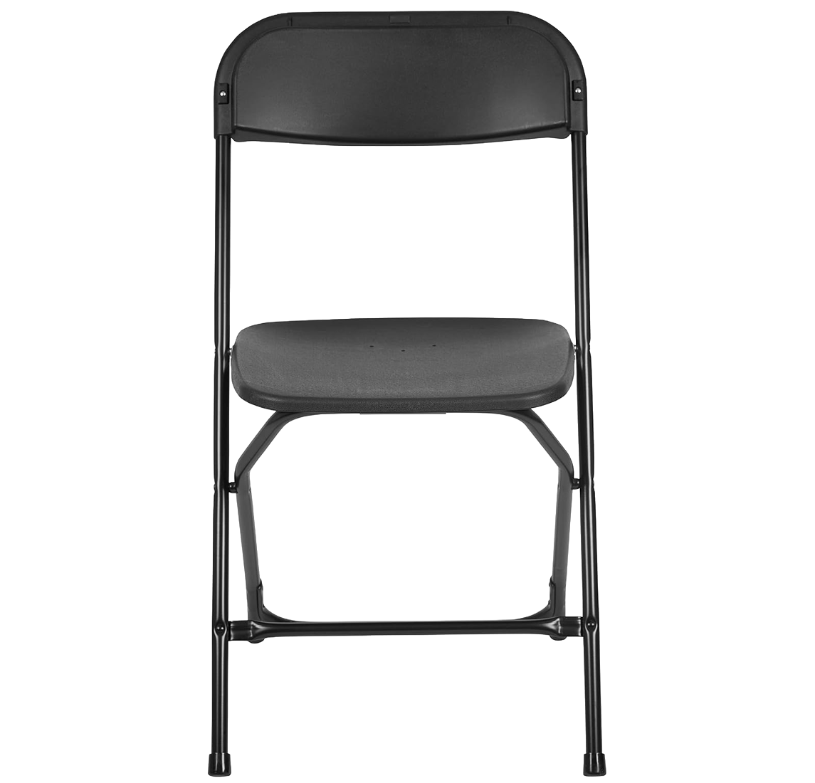 Black Commercial Folding Chair – Front View Front view of a black commercial-grade folding chair with textured seat and powder-coated steel frame available for rent in Aurora and the Denver Metro area.
