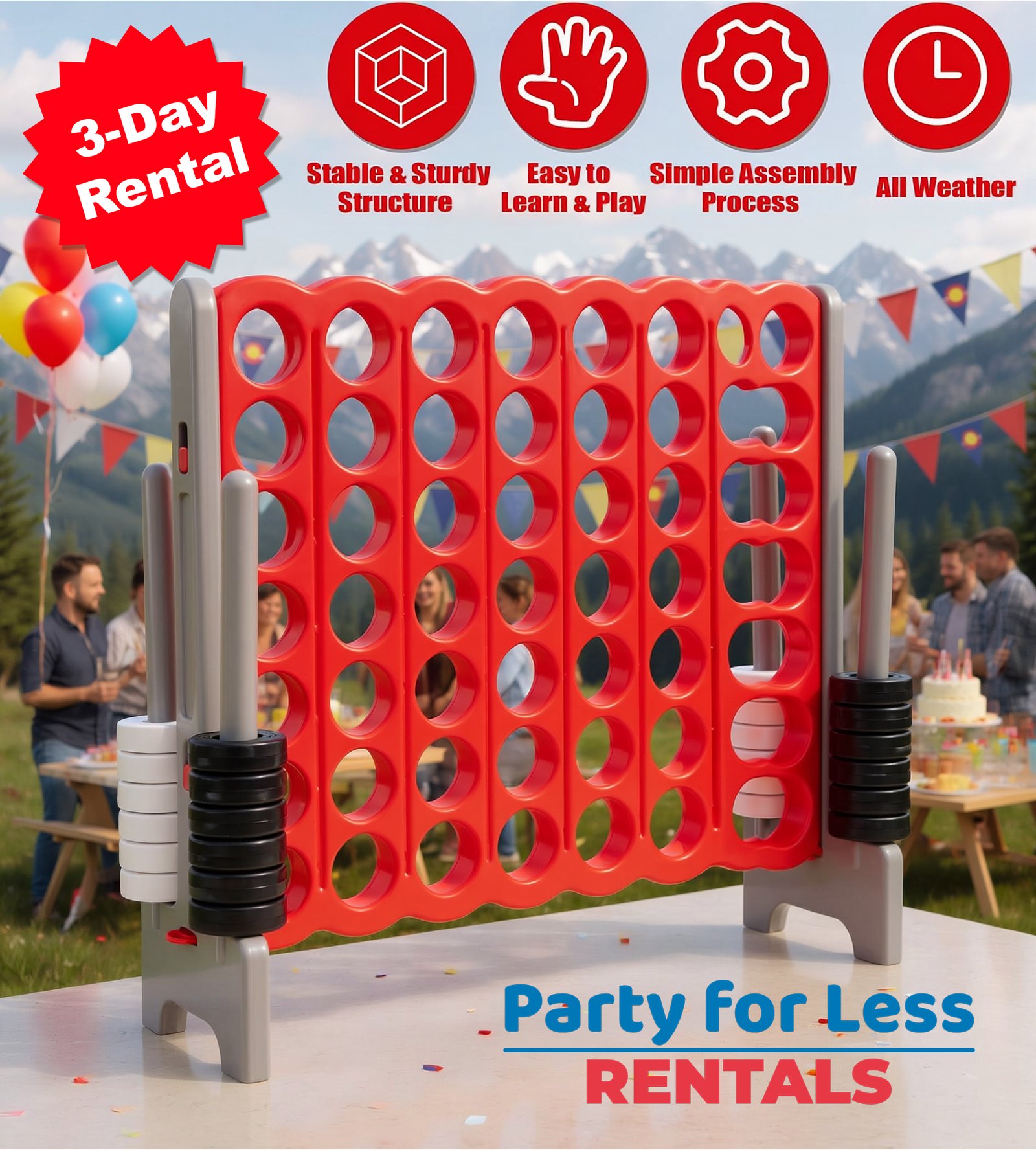 Giant 4-in-A-Row Jumbo Game Rental | Party For Less Rentals Aurora Denver CO Party For Less Rentals giant 4-in-a-row jumbo connect four game at outdoor party in Aurora Denver Colorado