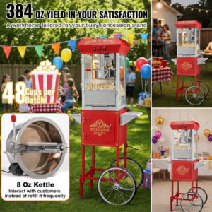 Red VEVOR popcorn maker with cart at outdoor parties from Party For Less Rentals in Aurora Colorado – 850W movie theater style popcorn machine for the Denver area