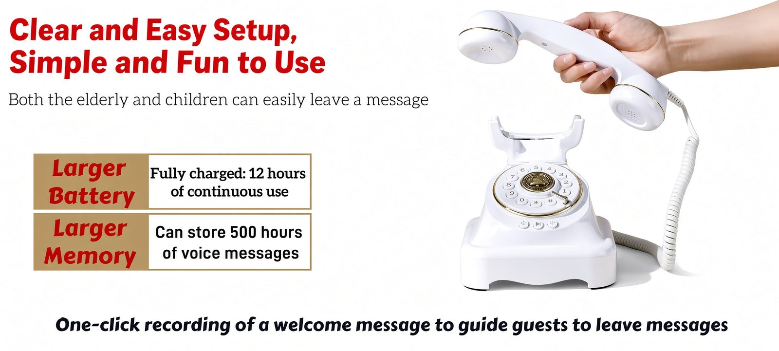 Easy-to-Use Vintage Phone Audio Guest Book Features | Aurora & Denver Rentals Hand lifting the Vintage Phone Audio Guest Book handset, highlighting easy use, 12-hour battery, and 500 hours of message storage from Party For Less Rentals in Aurora and Denver, Colorado.