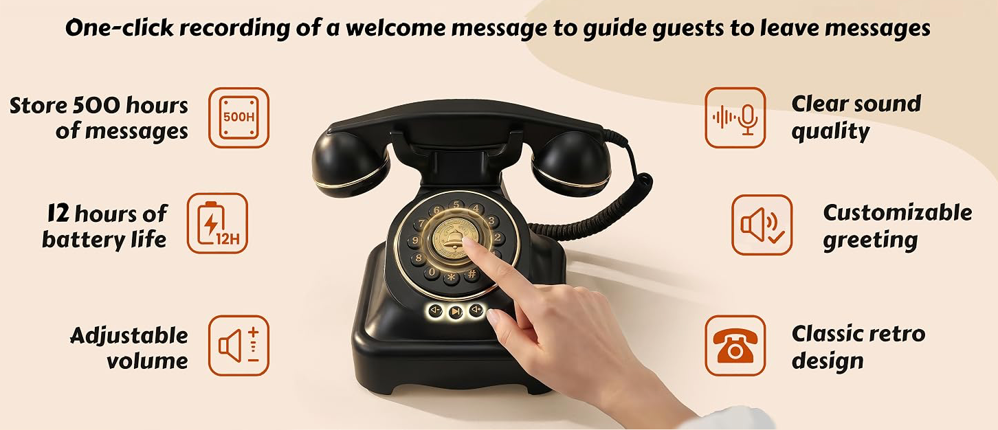 Vintage Phone Audio Guest Book Features | Black Rotary Style | Aurora & Denver Rentals Black vintage rotary audio guestbook phone with feature icons for 500 hours of storage, 12-hour battery, customizable greeting, and clear sound, rented by Party For Less Rentals in Aurora and Denver, Colorado.