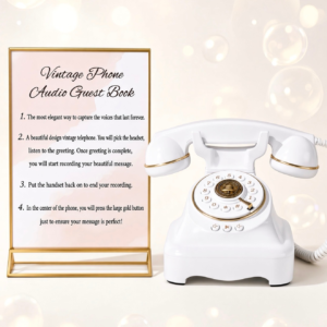 White vintage rotary phone audio guest book with gold-framed instruction sign, available to rent for weddings and parties in Aurora and Denver, Colorado from Party For Less Rentals.