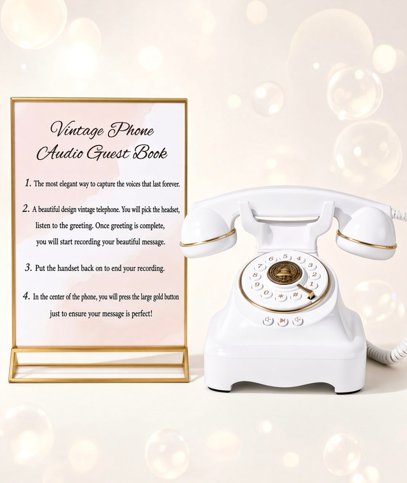Vintage Phone Audio Guest Book Rental | Aurora & Denver CO | Party For Less Rentals White vintage rotary phone audio guest book with gold-framed instruction sign, available to rent for weddings and parties in Aurora and Denver, Colorado from Party For Less Rentals.