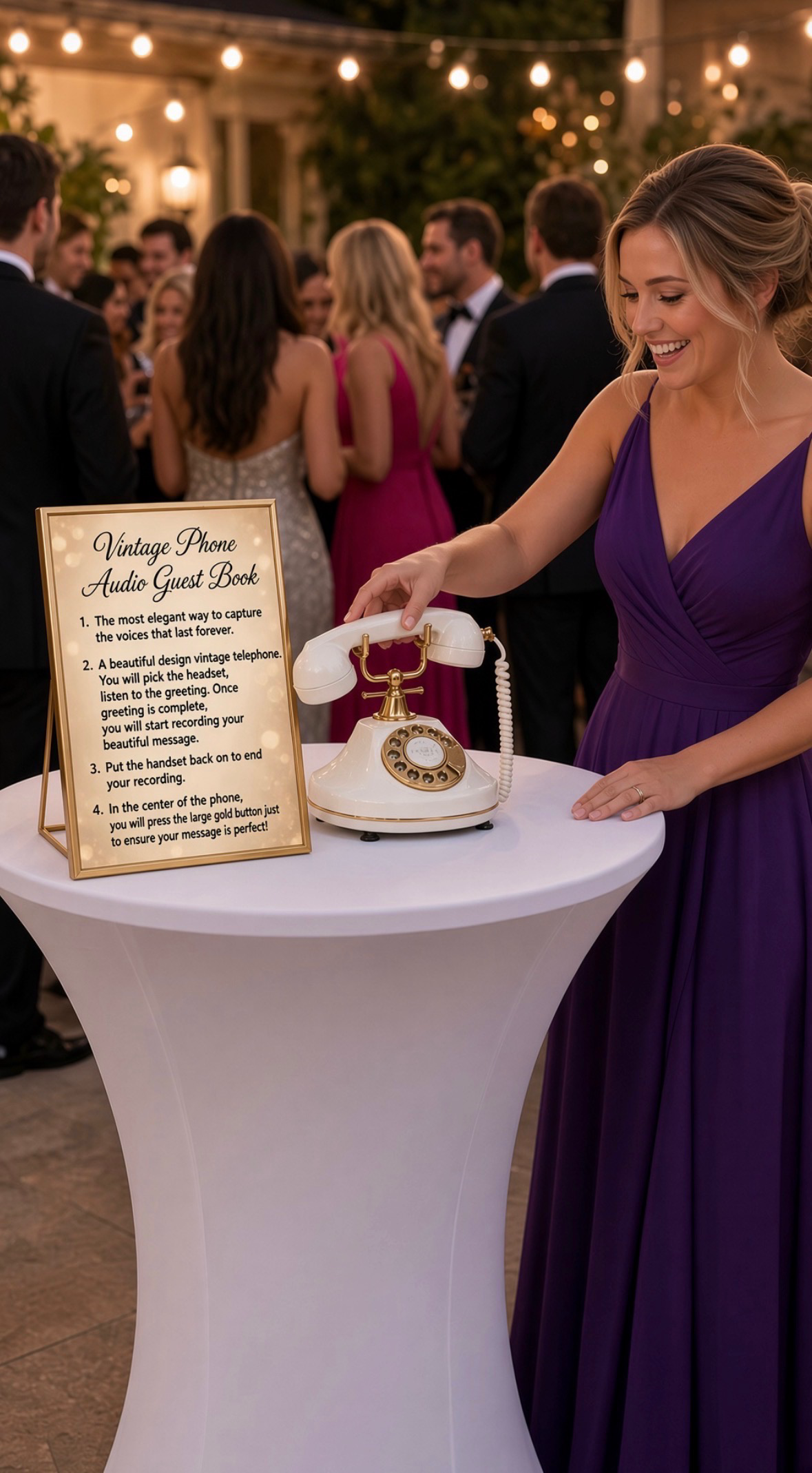Vintage Phone Audio Guest Book in Use at a Wedding | Aurora & Denver Party Rentals Guest in a purple gown using a white vintage rotary phone audio guest book at an evening wedding reception, rented from Party For Less Rentals in Aurora and Denver, Colorado.
