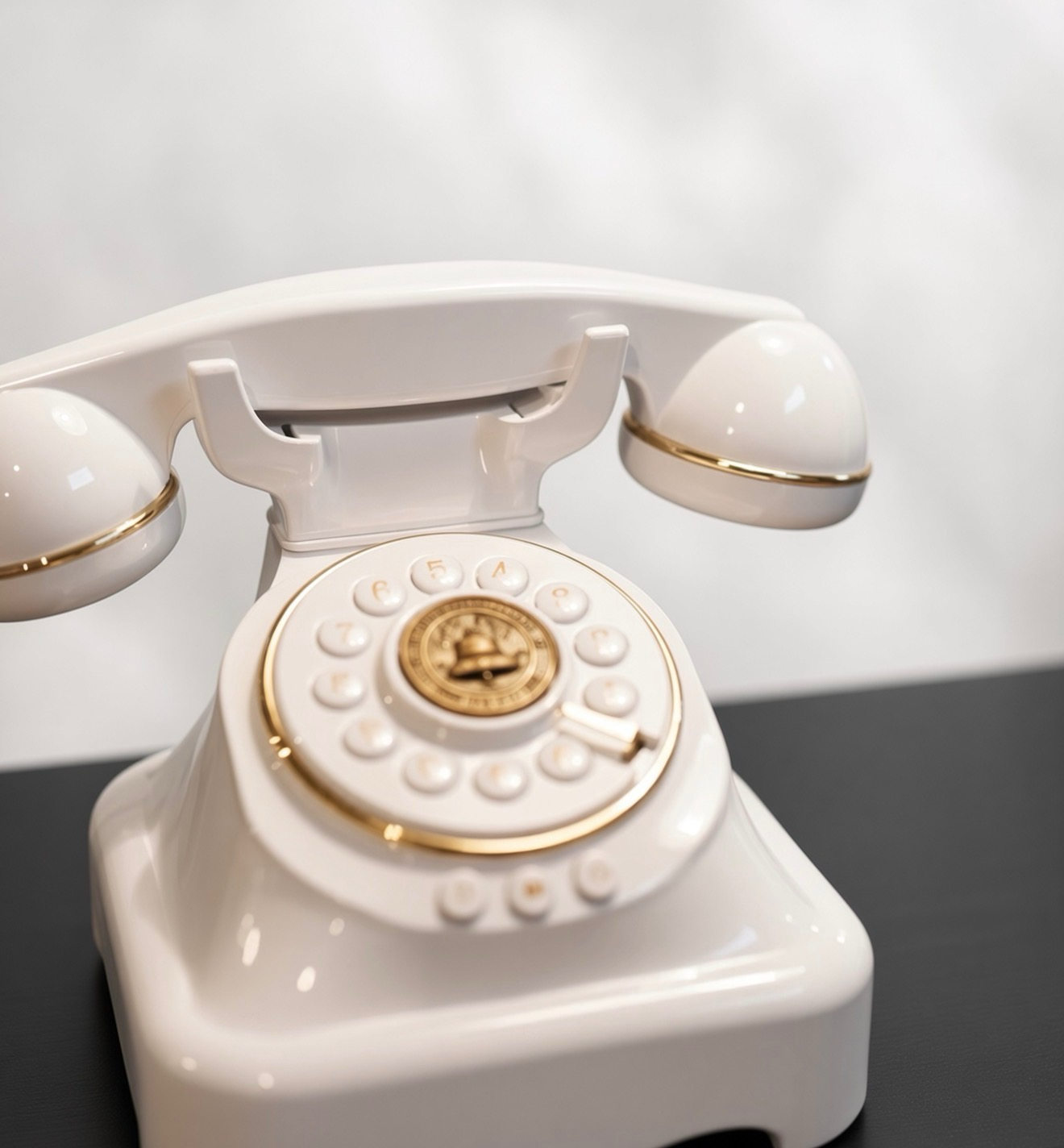 White Vintage Rotary Audio Guest Book Close-Up | Aurora & Denver Party Rentals Close-up of a glossy white vintage rotary phone with gold dial and trim, the Vintage Phone Audio Guest Book rented by Party For Less Rentals in Aurora and Denver, Colorado.