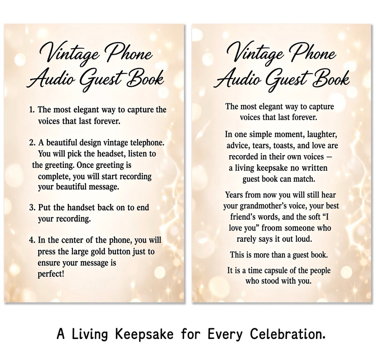 Audio Guest Book Instruction Signs | Vintage Phone Rental Aurora & Denver | Party For Less Rentals Two gold-and-cream Vintage Phone Audio Guest Book signs with guest instructions and keepsake wording, available to rent from Party For Less Rentals in Aurora and Denver, Colorado.