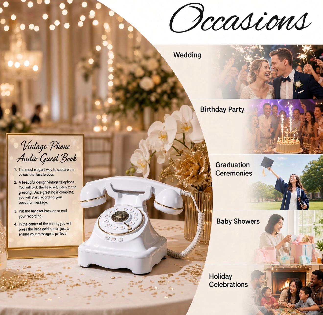 Vintage Phone Audio Guest Book for Weddings & Parties | Aurora & Denver Rentals | Party For Less Rentals Vintage Phone Audio Guest Book on an event table with instruction sign, shown for weddings, birthdays, graduations, baby showers, and holiday parties in Aurora and Denver, Colorado by Party For Less Rentals