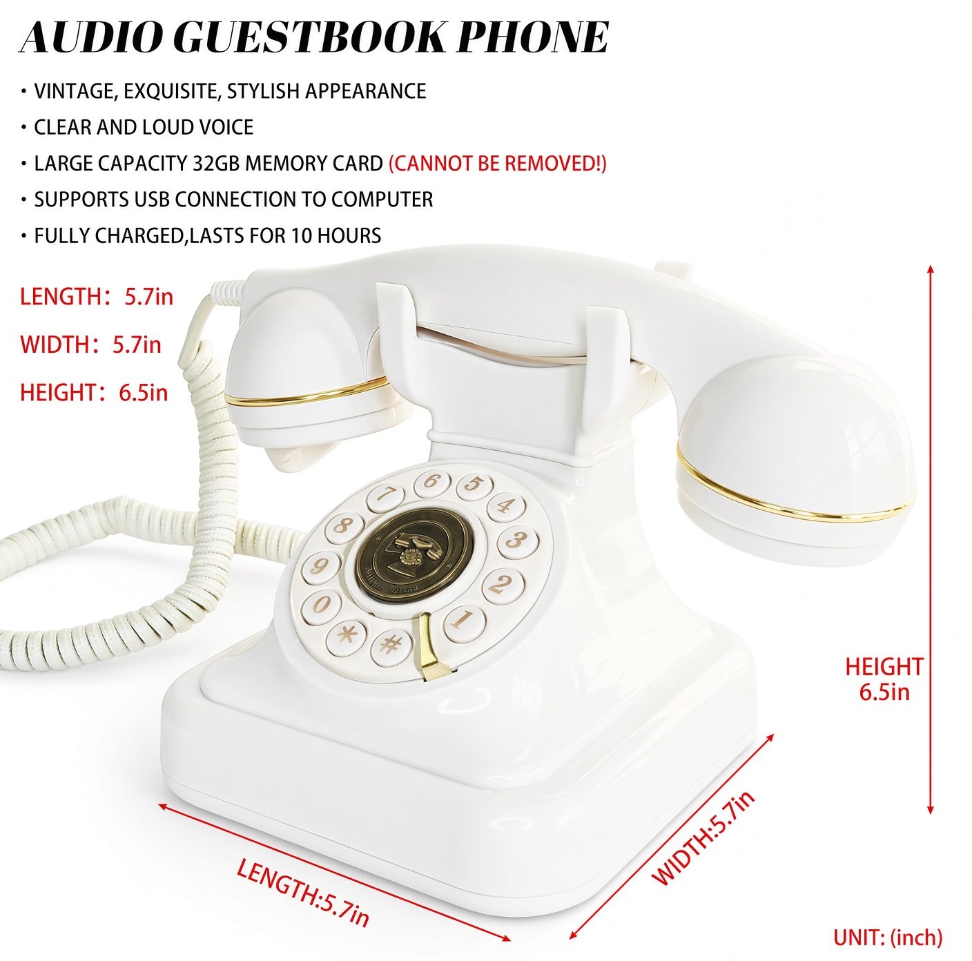Vintage Phone Audio Guest Book Specs & Size | Aurora & Denver Party Rentals White vintage rotary audio guestbook phone with gold trim, 5.7 x 5.7 x 6.5 inches, 32GB storage and 10-hour battery, rented by Party For Less Rentals in Aurora and Denver, Colorado.