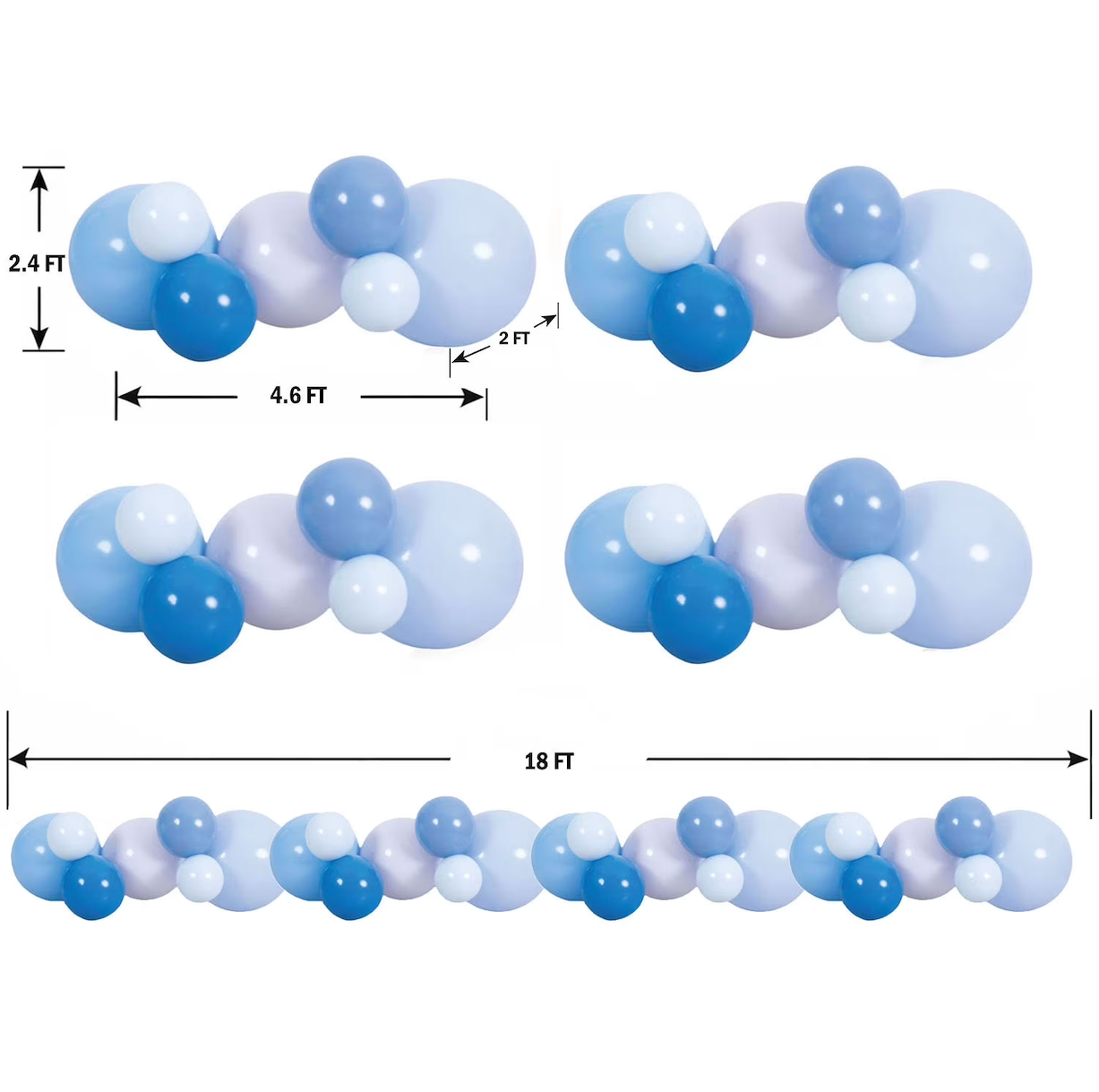 Blueberry Pop Balloon Arch Dimensions | 18 FT Reusable Garland | Party For Less Rentals Aurora Denver CO Blueberry Pop 18-foot reusable balloon arch dimensions diagram – 28-piece pre-connected PVC balloon garland size chart by Party For Less Rentals in Aurora and Denver Colorado