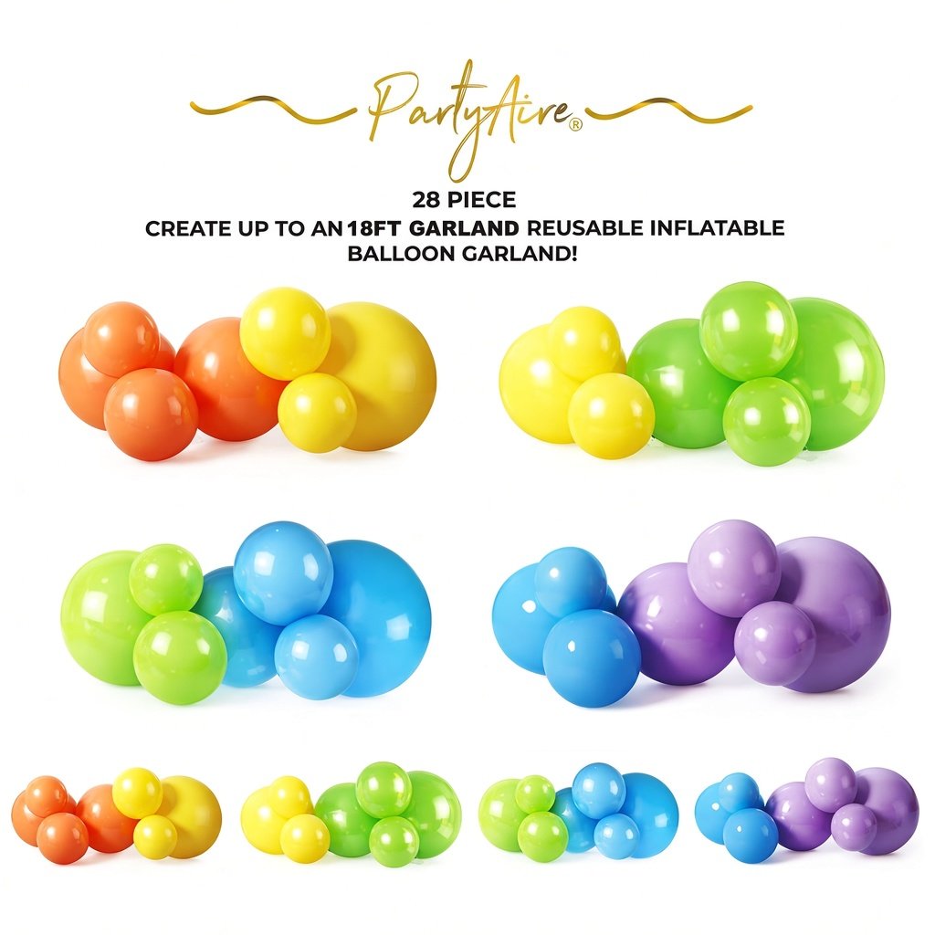 28-Piece Rainbow Balloon Garland Set | Party For Less Rentals Aurora CO PartyAire 28-piece rainbow reusable inflatable balloon garland clusters for 18 ft arch – Party For Less Rentals Aurora Denver Colorado