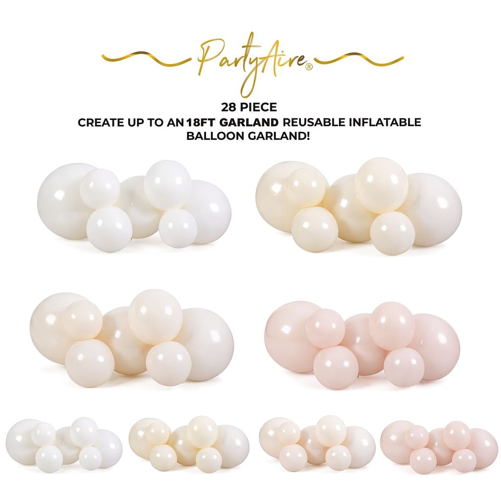 Nude Goddess 28-Piece Balloon Garland Set | Party For Less Rentals Aurora CO PartyAire Nude Goddess 28-piece reusable inflatable balloon garland in soft cream and blush tones – Party For Less Rentals Aurora Denver Colorado