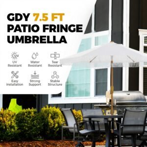 White 7.5 FT tassel fringe patio umbrella with base – stylish outdoor shade by Party For Less Rentals in Aurora and Denver Colorado
