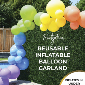 Rainbow reusable inflatable balloon garland arch by PartyAire displayed outdoors in Aurora Colorado – Party For Less Rentals Denver area party decorations