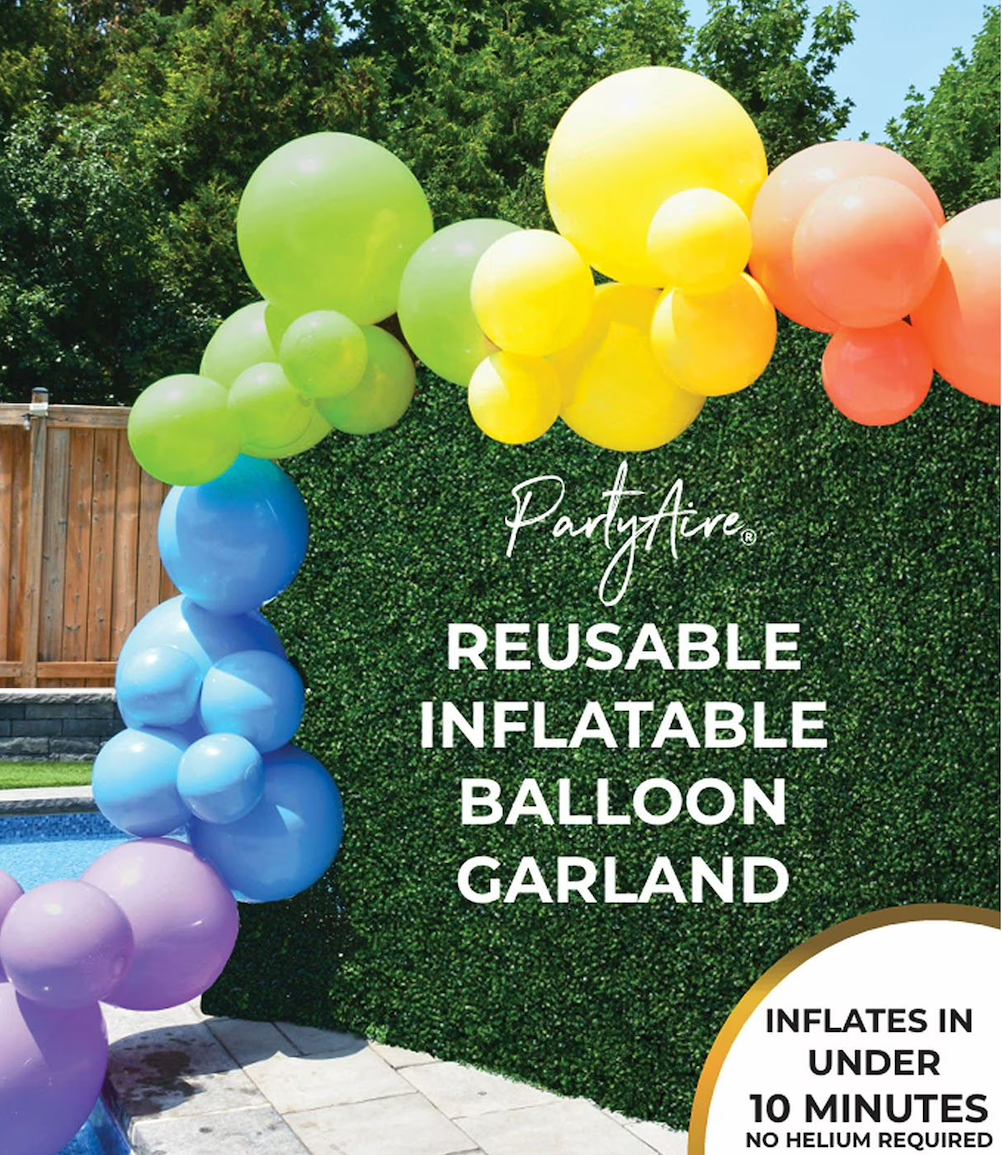 Rainbow Reusable Balloon Arch Garland | Party For Less Rentals Aurora CO Rainbow reusable inflatable balloon garland arch by PartyAire displayed outdoors in Aurora Colorado – Party For Less Rentals Denver area party decorations
