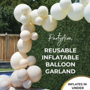 Nude Goddess reusable inflatable balloon garland arch in soft cream tones outdoors – Party For Less Rentals Aurora Denver Colorado