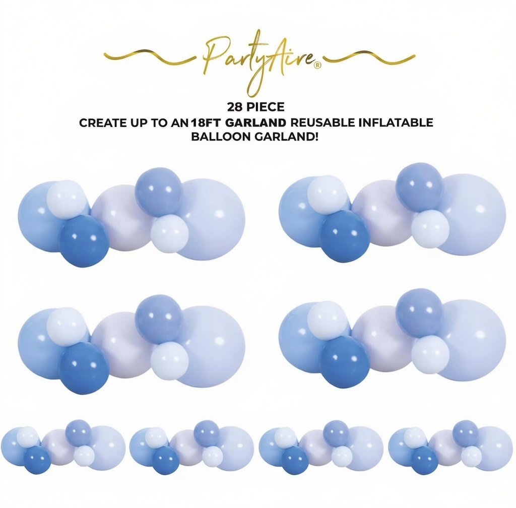Blueberry Pop 28-Piece Balloon Garland Sections | 18 FT Reusable Arch | Party For Less Rentals Aurora Denver CO Blueberry Pop 28-piece reusable PVC balloon arch sections – create up to an 18-foot inflatable balloon garland by Party For Less Rentals in Aurora and Denver Colorado