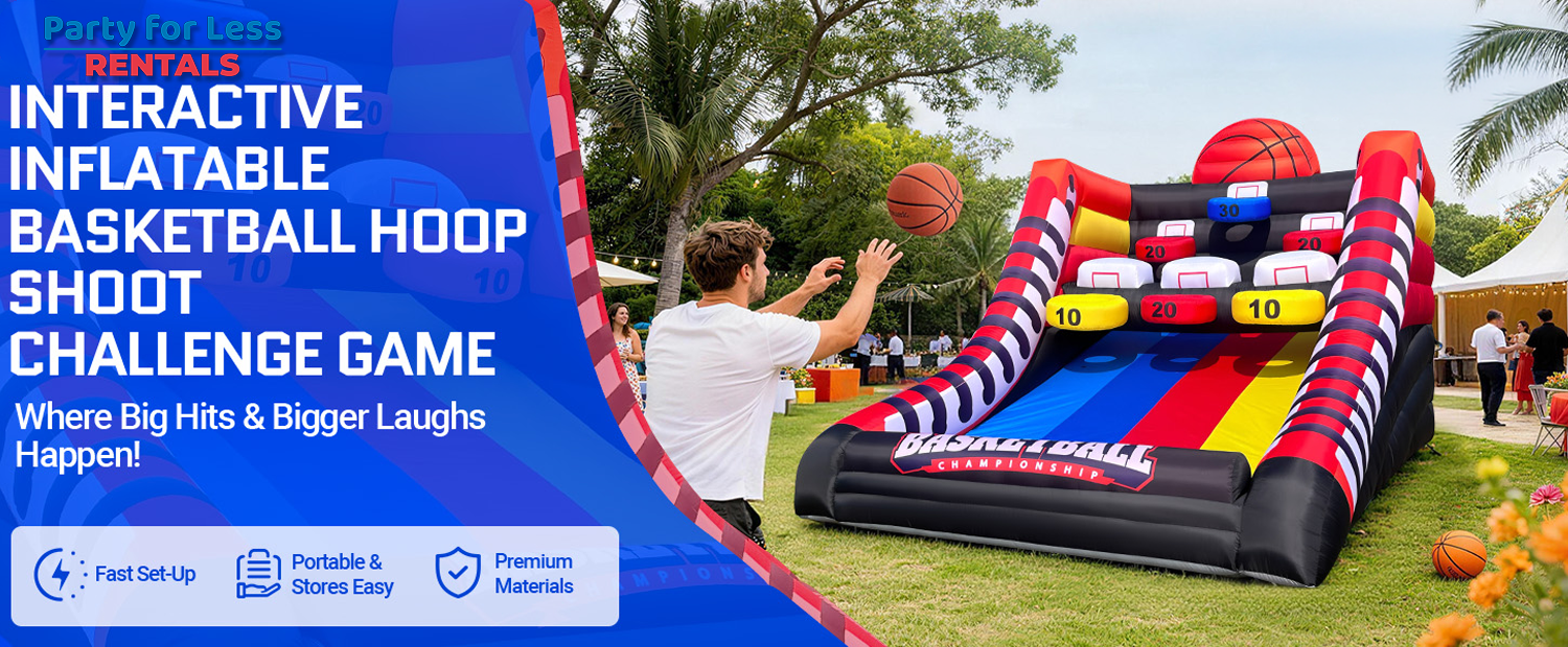 Inflatable Basketball Hoop Shoot Challenge Game Rental | Party For Less Rentals Aurora Denver CO Party For Less Rentals interactive inflatable basketball hoop shoot challenge game with scoring targets at outdoor party in Aurora Denver Colorado