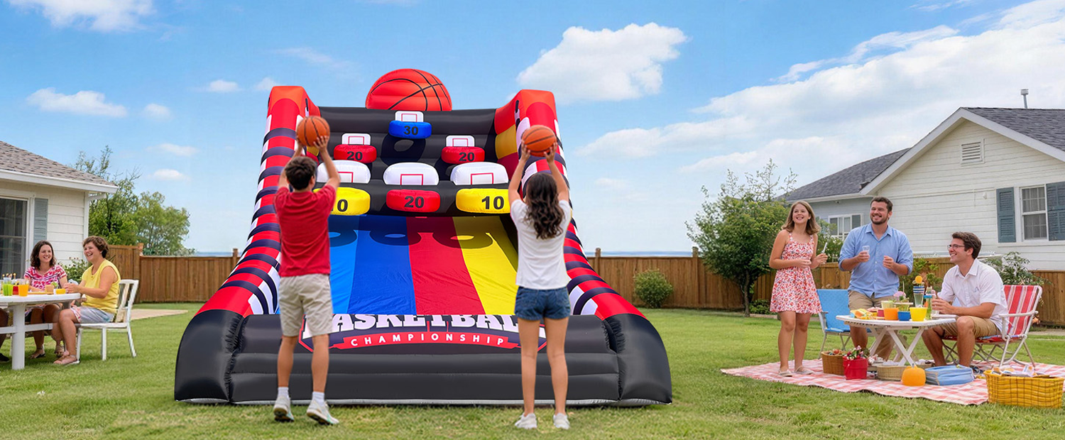 Family Backyard Inflatable Basketball Hoop Shoot Game Rental | Party For Less Rentals Aurora Denver CO Party For Less Rentals inflatable basketball hoop shoot challenge game with kids playing in backyard party Aurora Denver Colorado