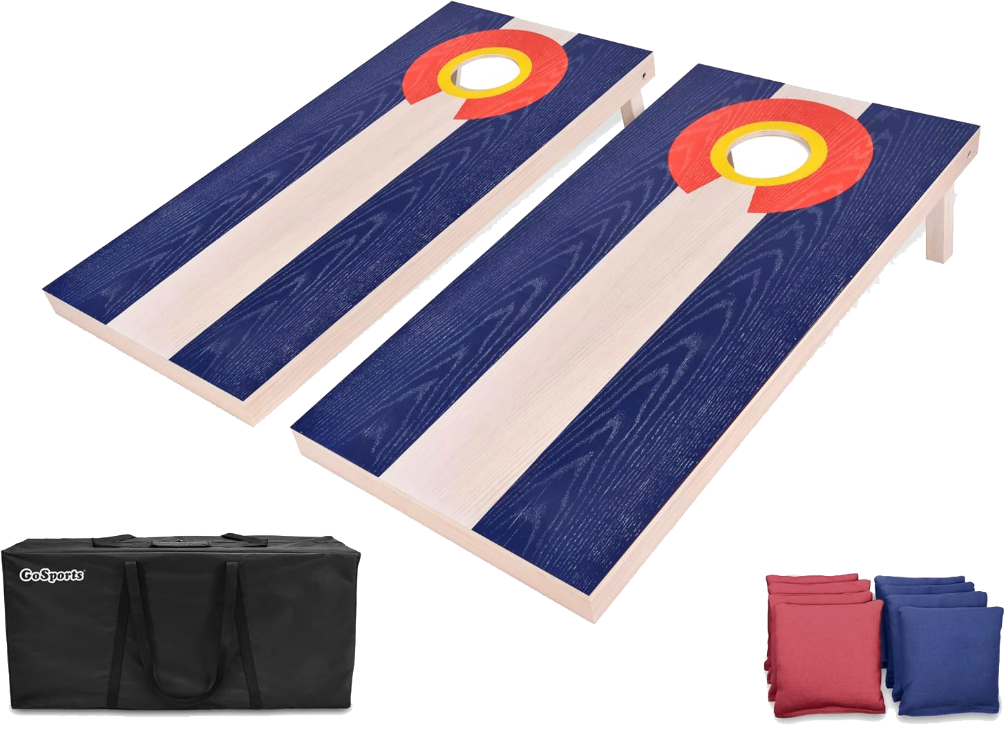 Colorado Flag Wood Cornhole Board Set Rental | Party For Less Rentals Aurora Denver CO Party For Less Rentals solid wood Colorado flag cornhole boards with bean bags and carrying bag Aurora Denver Colorado