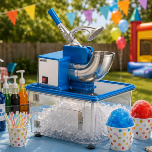 VEVOR commercial ice crusher and snow cone machine rental at outdoor party in Aurora Colorado with blue raspberry syrup and colorful snow cones by Party For Less Rentals Denver area