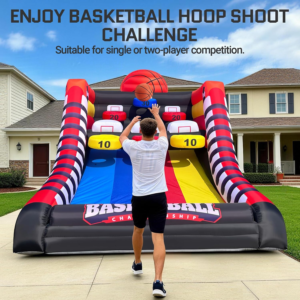 Party For Less Rentals inflatable basketball hoop shoot challenge game with scoring targets being played in residential driveway Aurora Denver Colorado