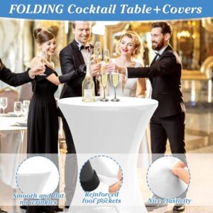 White 32-inch round folding cocktail table with stretch spandex cover at elegant wedding reception – Party For Less Rentals Aurora Denver Colorado