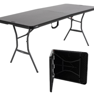 Black Lifetime 6-foot fold-in-half table from Party For Less Rentals in Aurora and Denver Colorado – fully open with HDPE top, steel frame, carry handle, and folded underside view