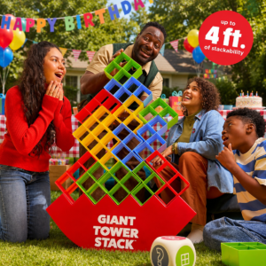 Giant Tower Stack outdoor block stacking game rental from Party For Less Rentals in Aurora Colorado – family playing colorful jumbo blocks at a backyard birthday party in the Denver area