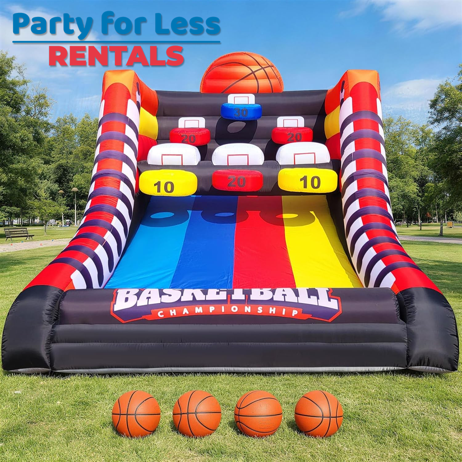 Inflatable Basketball Hoop Shoot Challenge Game with Balls | Party For Less Rentals Aurora Denver CO Party For Less Rentals inflatable basketball hoop shoot challenge game with four basketballs in outdoor park setting Aurora Denver Colorado