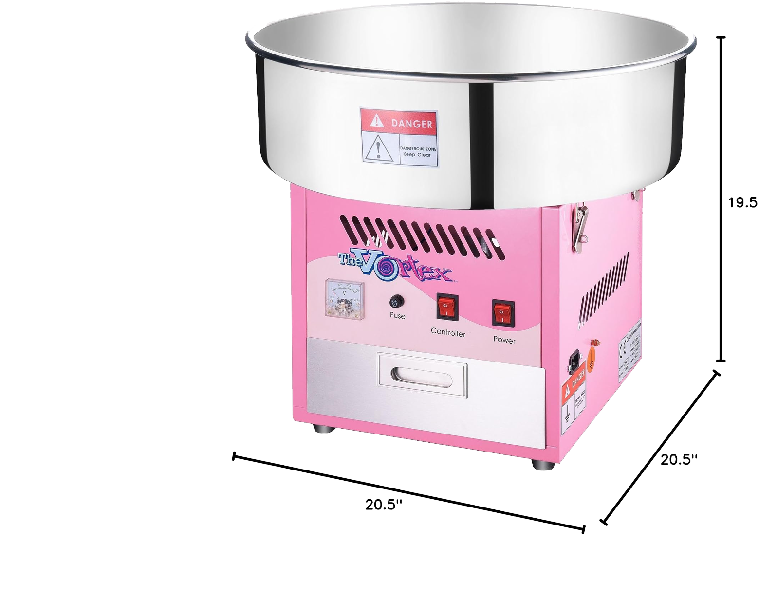 Cotton Candy Machine Dimensions – Party For Less Rentals Aurora Denver CO Pink Great Northern Popcorn Vortex cotton candy machine with dimensions from Party For Less Rentals in Aurora Colorado – 20.5 x 20.5 x 19.5 inch party rental for the Denver area