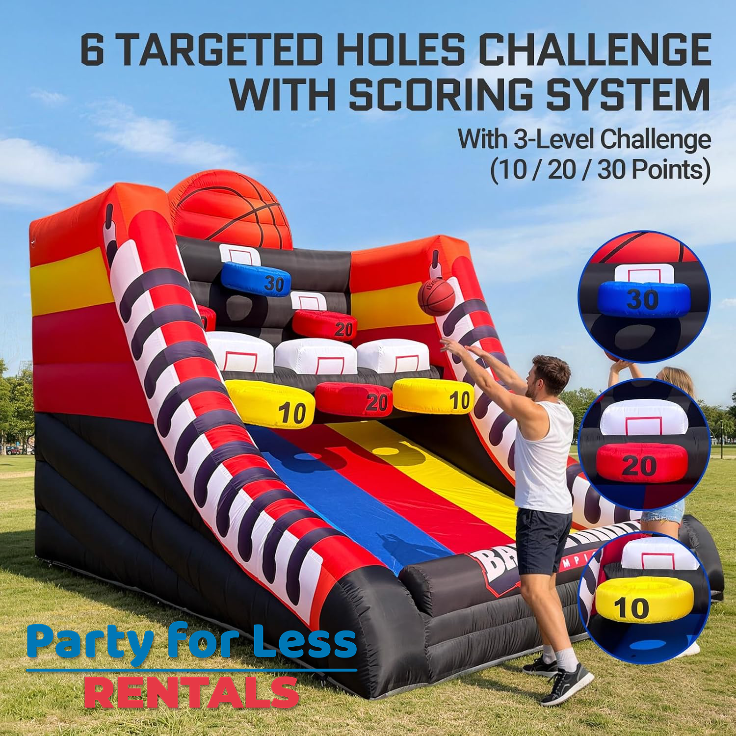 6 Targeted Holes Basketball Shoot Challenge Game Rental | Party For Less Rentals Aurora Denver CO Party For Less Rentals inflatable basketball hoop shoot game with 6 targeted holes and 3-level scoring system Aurora Denver Colorado