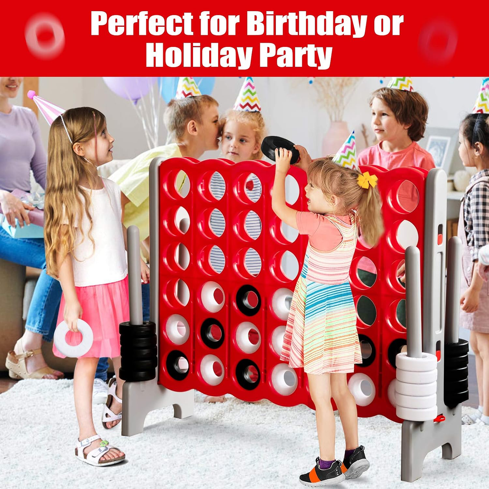Giant 4-in-A-Row Game for Birthday & Holiday Parties | Party For Less Rentals Aurora Denver CO Party For Less Rentals giant 4-in-a-row jumbo game kids playing at birthday party Aurora Denver Colorado