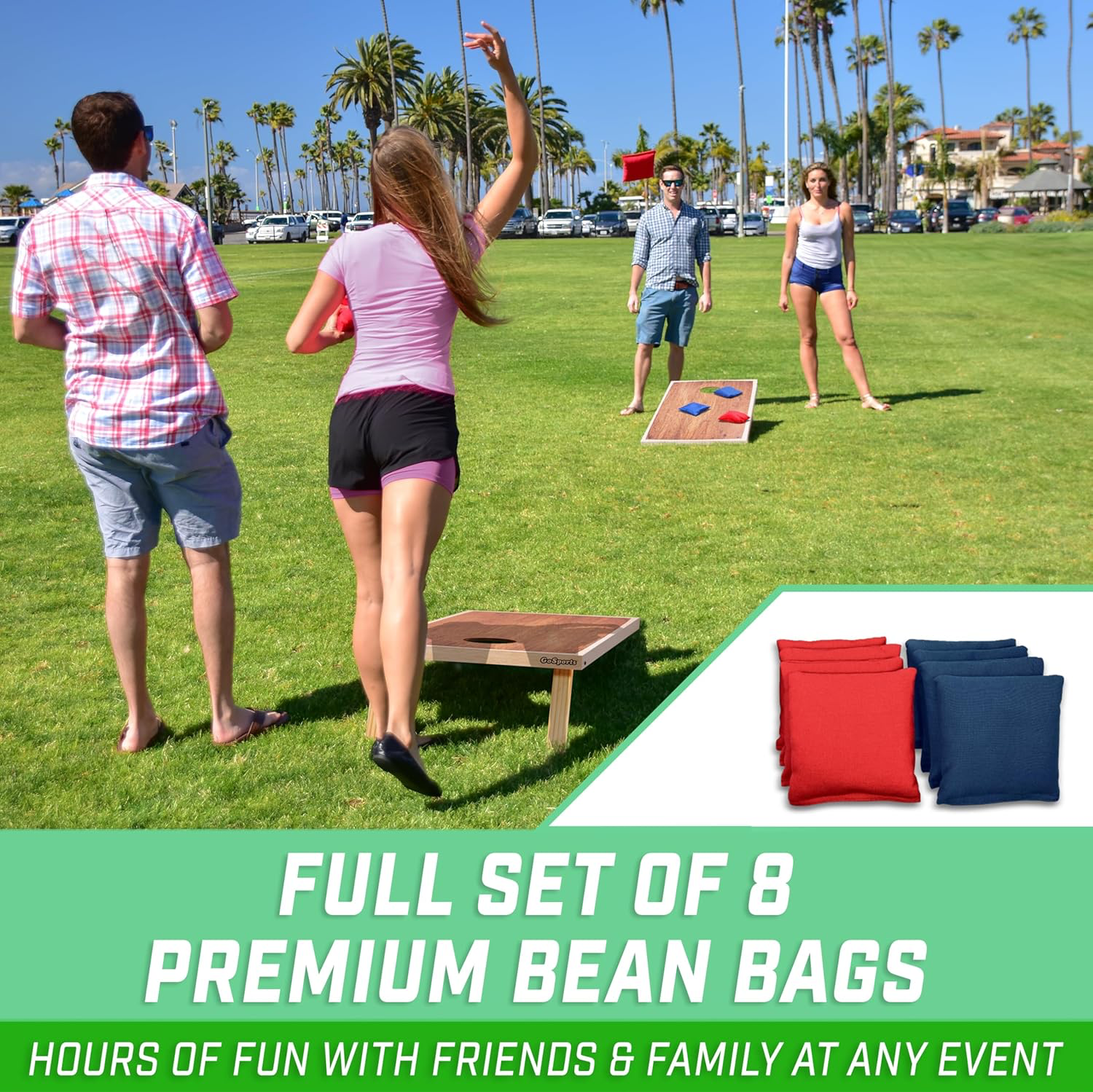 Classic Cornhole Set with 8 Premium Bean Bags | Party For Less Rentals Aurora Denver CO Party For Less Rentals classic cornhole set with 8 premium bean bags people playing outdoors Aurora Denver Colorado